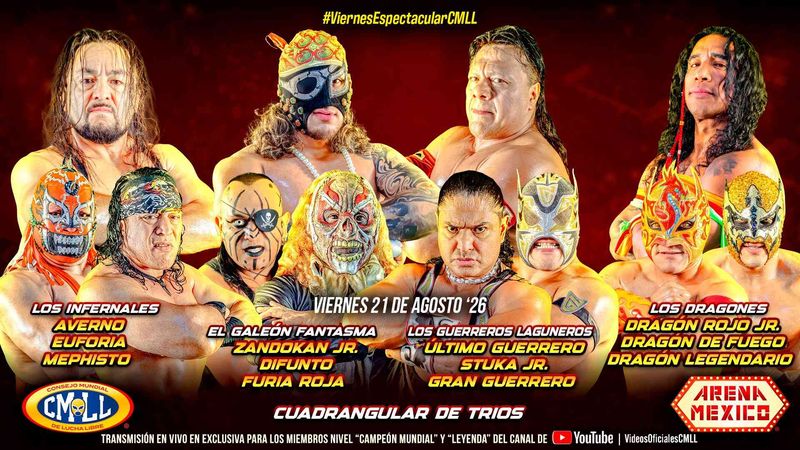 نتائج عرض CMLL Viernes Espectacular (21 أغسطس 2026): سوبيرانو جونيور يقود فريقه للفوز.. وهيمنة لـ Guerreros Laguneros في معركة الفرق الرباعية