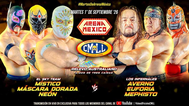 نتائج عرض CMLL Martes de Arena Mexico (1 سبتمبر 2026): فريق Sky Team يهزم Infernales.. وتألق تيتان وبيرسيفوني